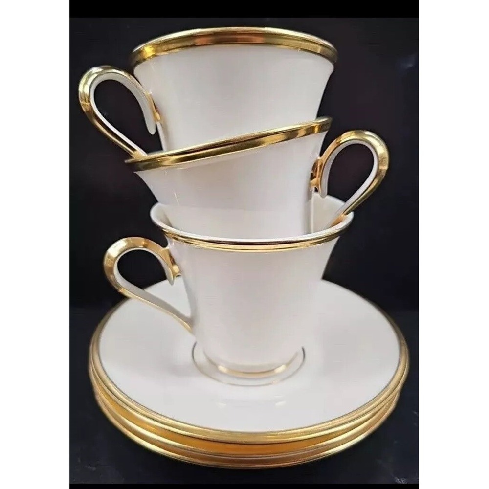 3 Lenox Eternal Cup Saucer Set Dimension Collection Elegant Gold Cream Dish Lot - Picture 4 of 6